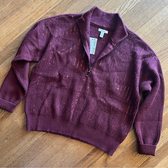Nine West Quarter Zip Sequin Front Stripe Wine Pullover Size Large - Picture 1 of 6